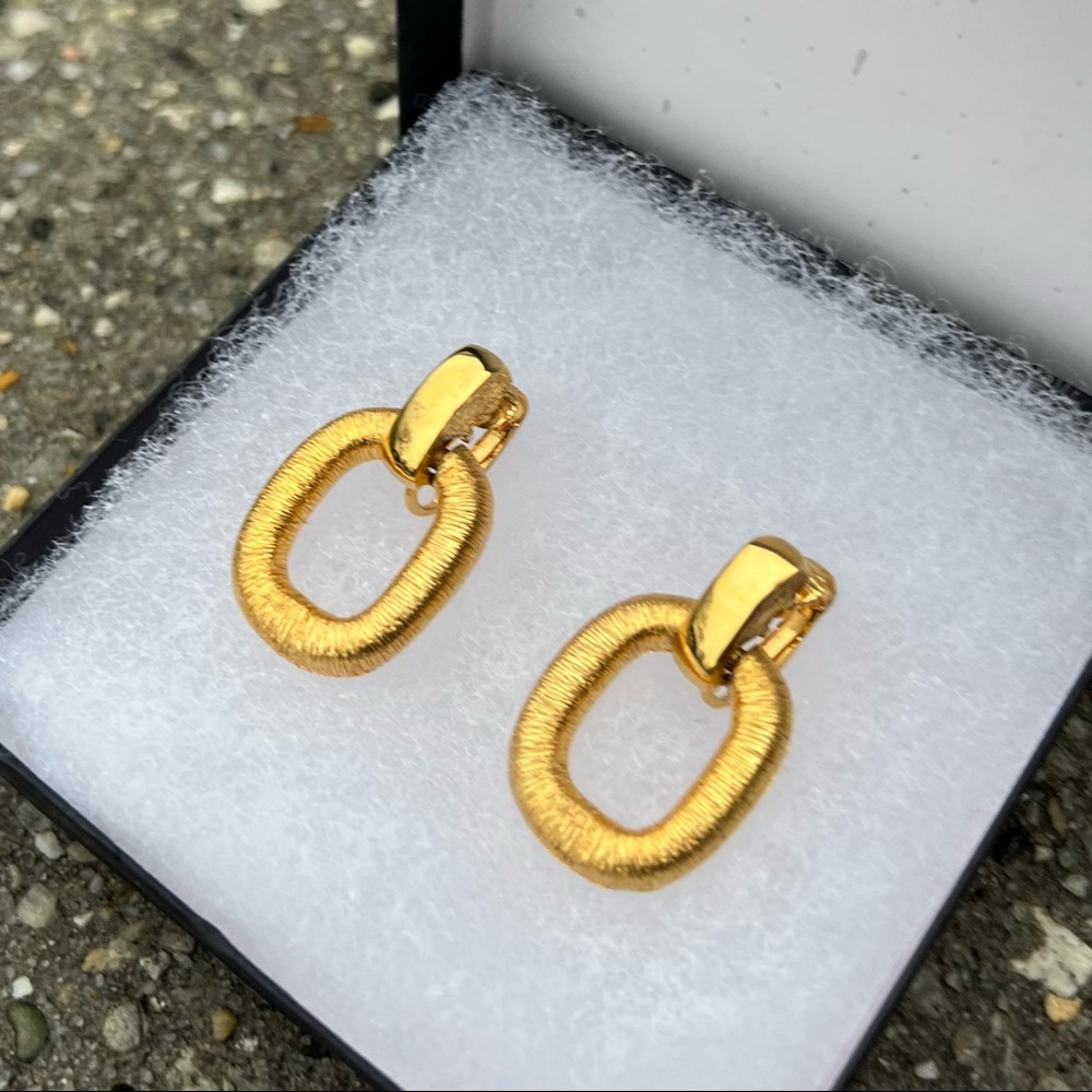 Gold Clip Rectangular Earrings Lightweight Comfor… - image 1